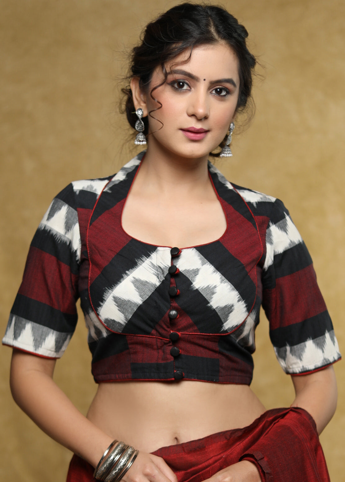 Elegant black & maroon Ikat Cotton blouse with Mandarin Collar with black buttons - Optional Plain Saree