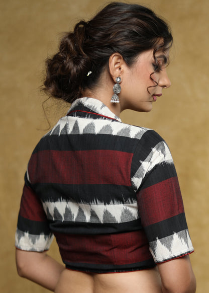 Elegant black & maroon Ikat Cotton blouse with Mandarin Collar with black buttons - Optional Plain Saree