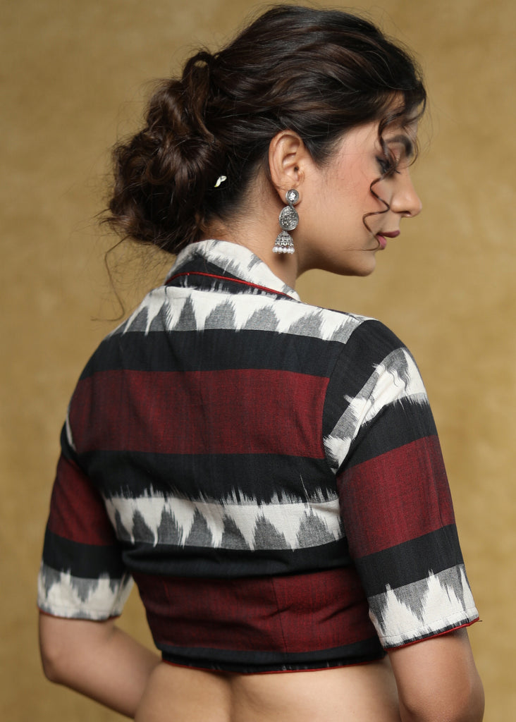 Elegant black & maroon Ikat Cotton blouse with Mandarin Collar with black buttons