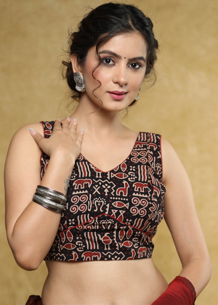 Trendy pure Ajrakh sleeveless Cotton blouse with traditional animal print motif & maroon detailing - Optional Plain Saree