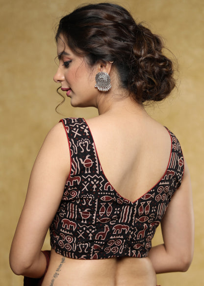 Trendy pure Ajrakh sleeveless Cotton blouse with traditional animal print motif & maroon detailing - Optional Plain Saree