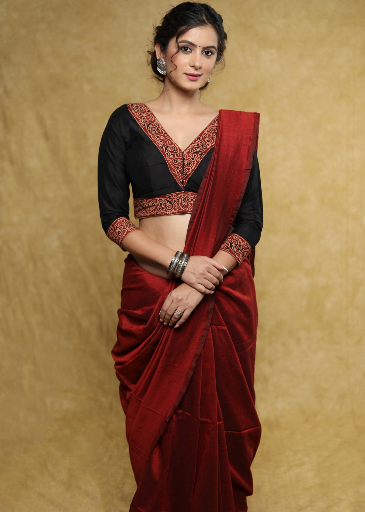 Classy black Cotton-Silk blouse with maroon Ajrakh detailing & Dori at the back - Plain Saree Optional