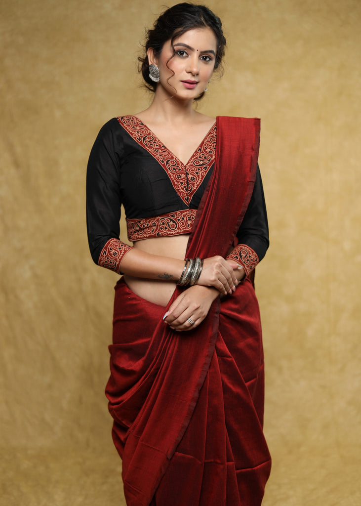 Classy black Cotton-Silk blouse with maroon Ajrakh detailing & Dori at the back