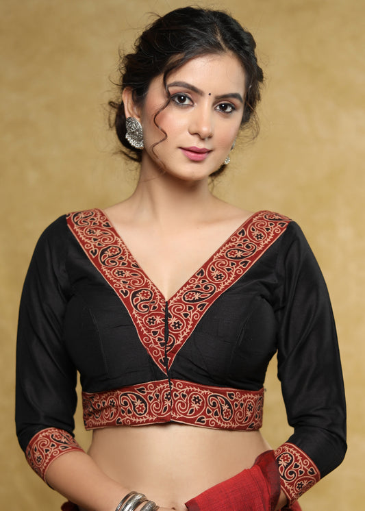 Classy black Cotton-Silk blouse with maroon Ajrakh detailing & Dori at the back - Plain Saree Optional