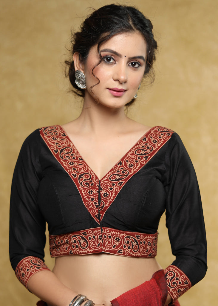 Classy black Cotton-Silk blouse with maroon Ajrakh detailing & Dori at the back
