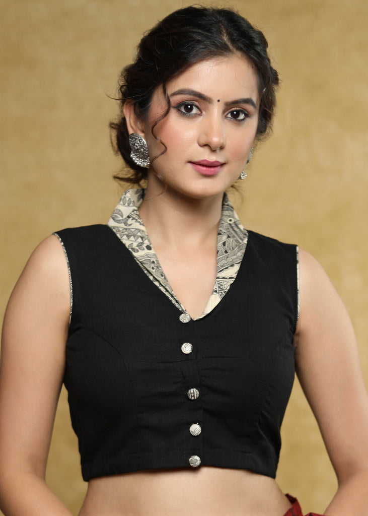 Standout black sleeveless Cotton blouse with Madhubani smart collar and back detailing