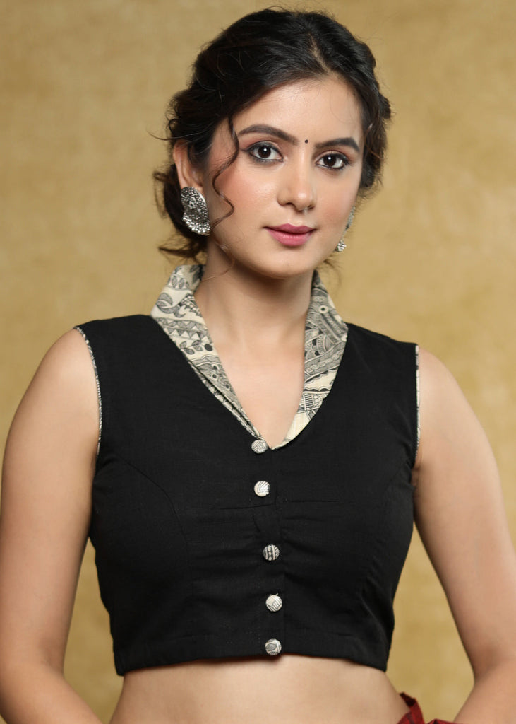 Standout black sleeveless Cotton blouse with Madhubani smart collar and back detailing - Plain Saree Optional