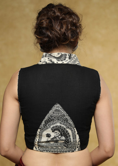Standout black sleeveless Cotton blouse with Madhubani smart collar and back detailing - Plain Saree Optional
