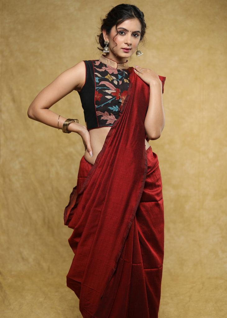 Black sleeveless Nehru collar blouse with exclusive kalamkari front panel & back detailing