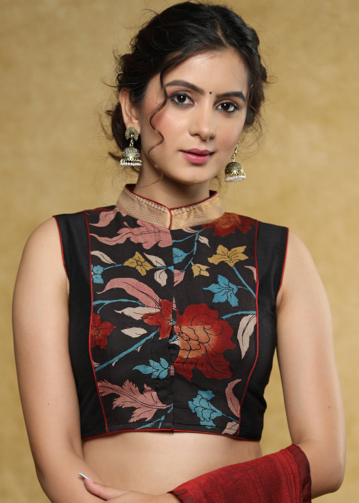 Black sleeveless Nehru collar blouse with exclusive kalamkari front panel & back detailing