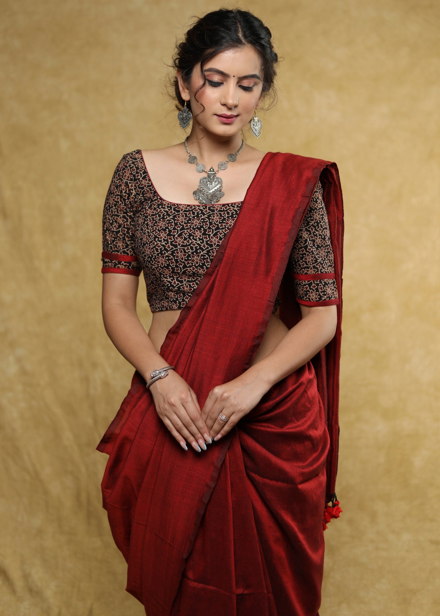 Beautiful black floral Ajrakh Cotton blouse with maroon detailing & buttons at the back