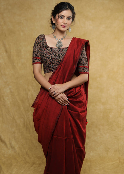 Beautiful black floral Ajrakh Cotton blouse with maroon detailing & buttons at the back