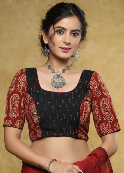Elegant black, maroon Ikat & Ajrakh combination blouse with dori at the back