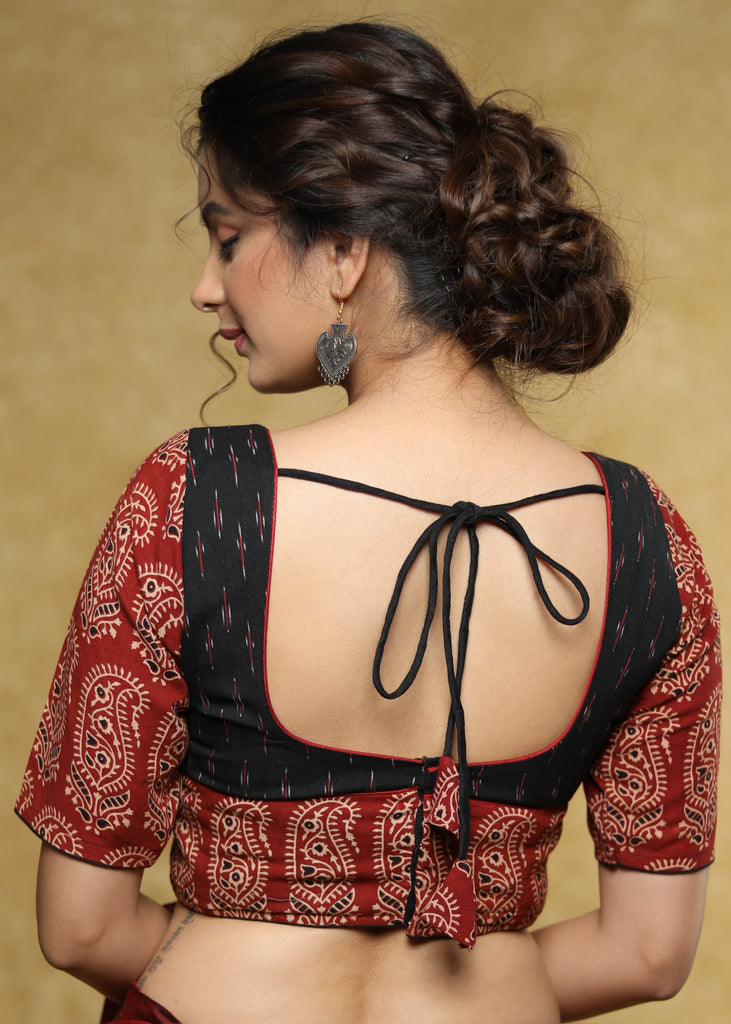 Elegant black, maroon Ikat & Ajrakh combination blouse with dori at the back