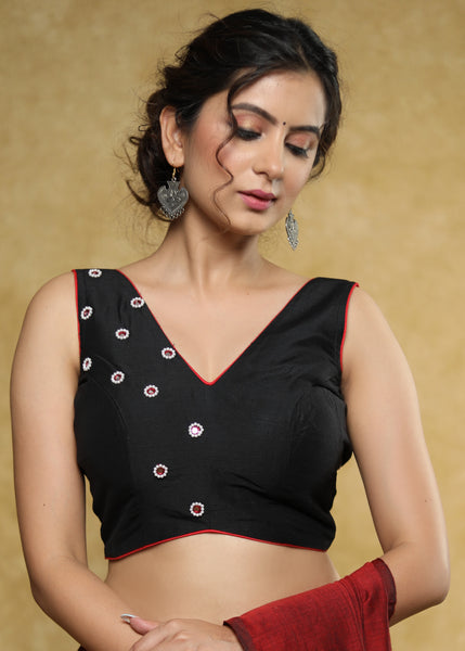 Exclusive black sleeveless Cotton-Silk blouse with intricate mirror work & maroon detailing