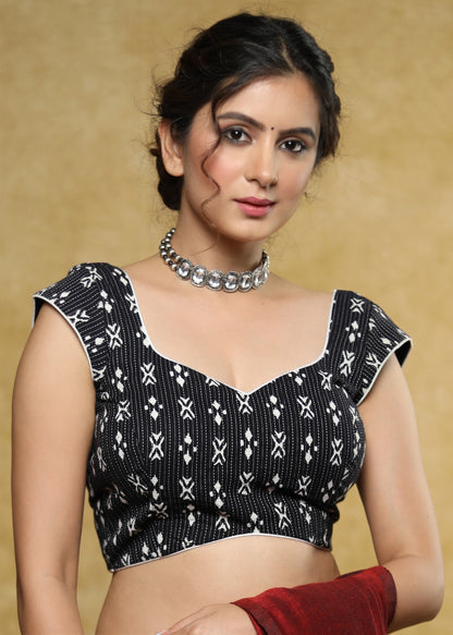 Beautiful black Kantha print Cotton cap sleeves blouse with white detailing