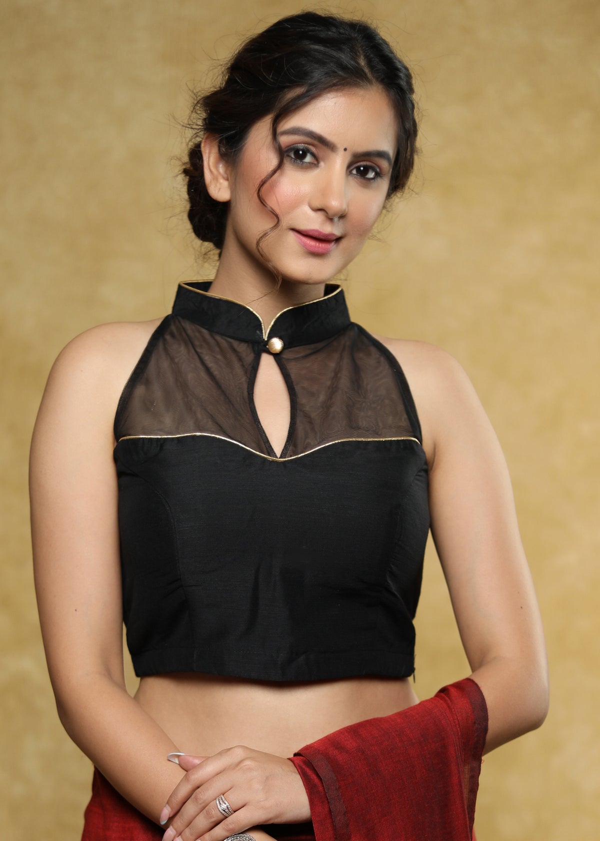 Dussehra Sale — Stylish black Net enhanced Cotton-silk blouse highlighted with gold Zari piping on sweetheart neckline and mandarin collar