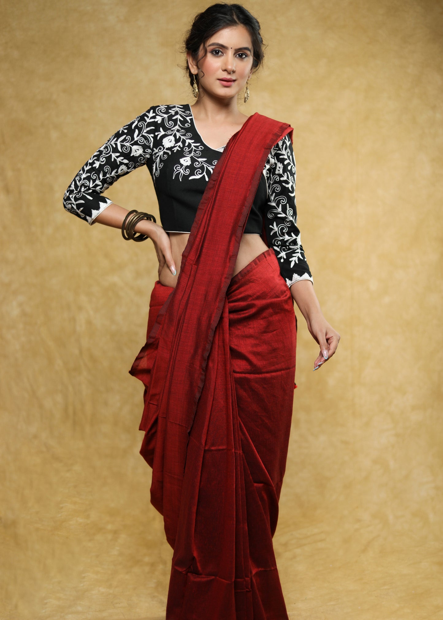 Trendy black Cotton-Silk blouse with delicate white embroidery