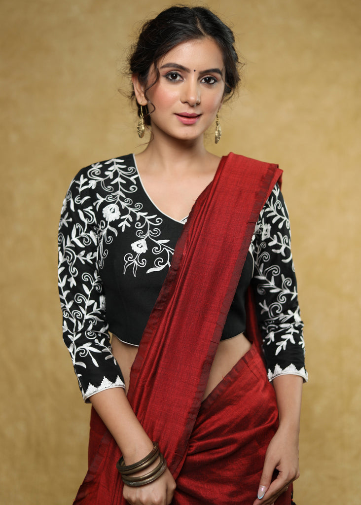 Trendy black Cotton-Silk blouse with delicate white embroidery