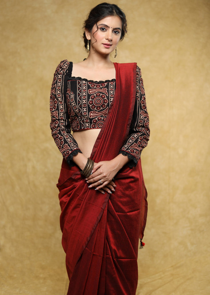 Stylist black Cotton Ajrakh blouse with gathered sleeves and lace detailing - Optional Plain Saree