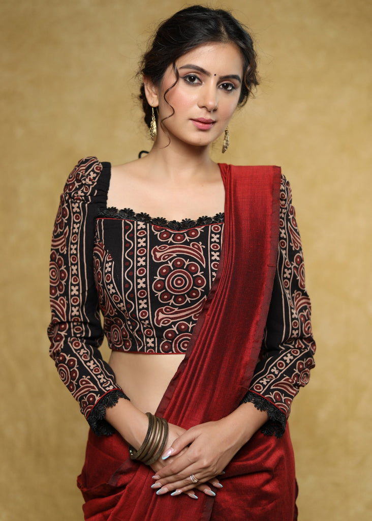 Stylist black Cotton Ajrakh blouse with gathered sleeves and lace detailing - Optional Plain Saree