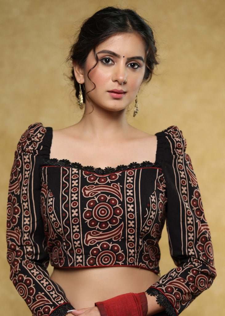 Stylist black Cotton Ajrakh blouse with gathered sleeves and lace detailing - Optional Plain Saree