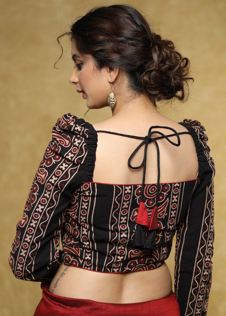 Stylist black Cotton Ajrakh blouse with gathered sleeves and lace detailing - Optional Plain Saree