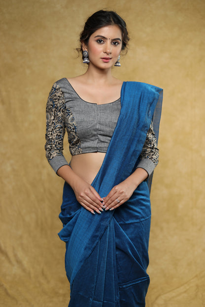 Slate grey Cotton floral Ajrakh combination blouse with beautiful back detailing