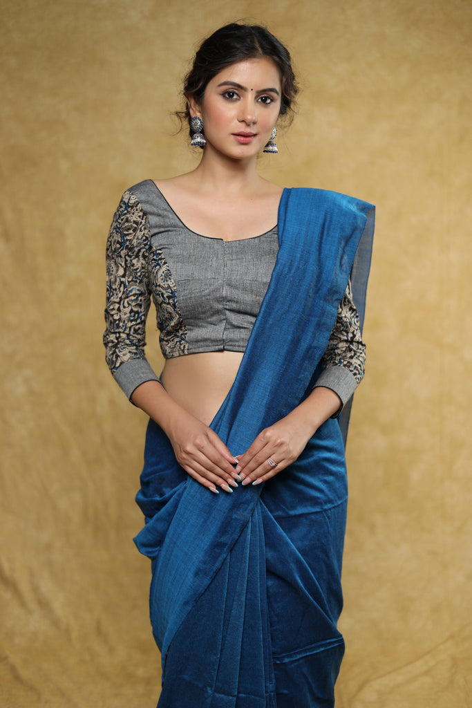 Slate grey Cotton floral Ajrakh combination blouse with beautiful back detailing