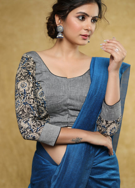 Slate grey Cotton floral Ajrakh combination blouse with beautiful back detailing