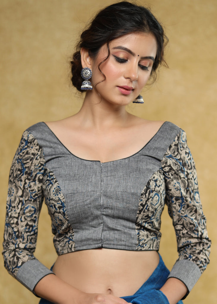 Slate grey Cotton floral Ajrakh combination blouse with beautiful back detailing