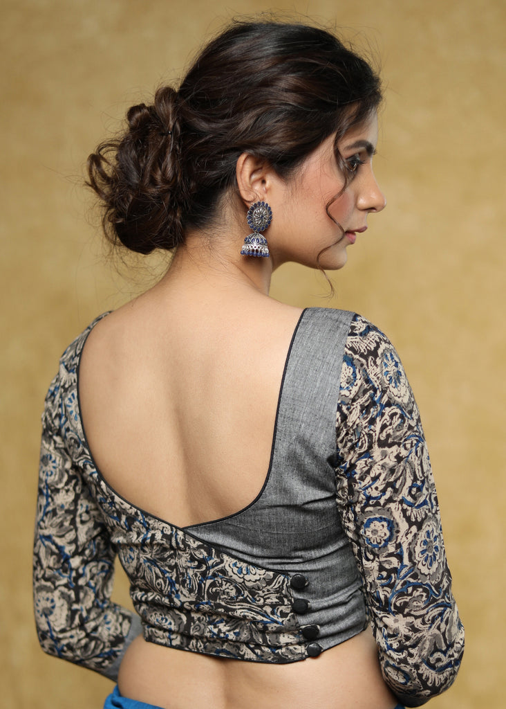 Slate grey Cotton floral Ajrakh combination blouse with beautiful back detailing