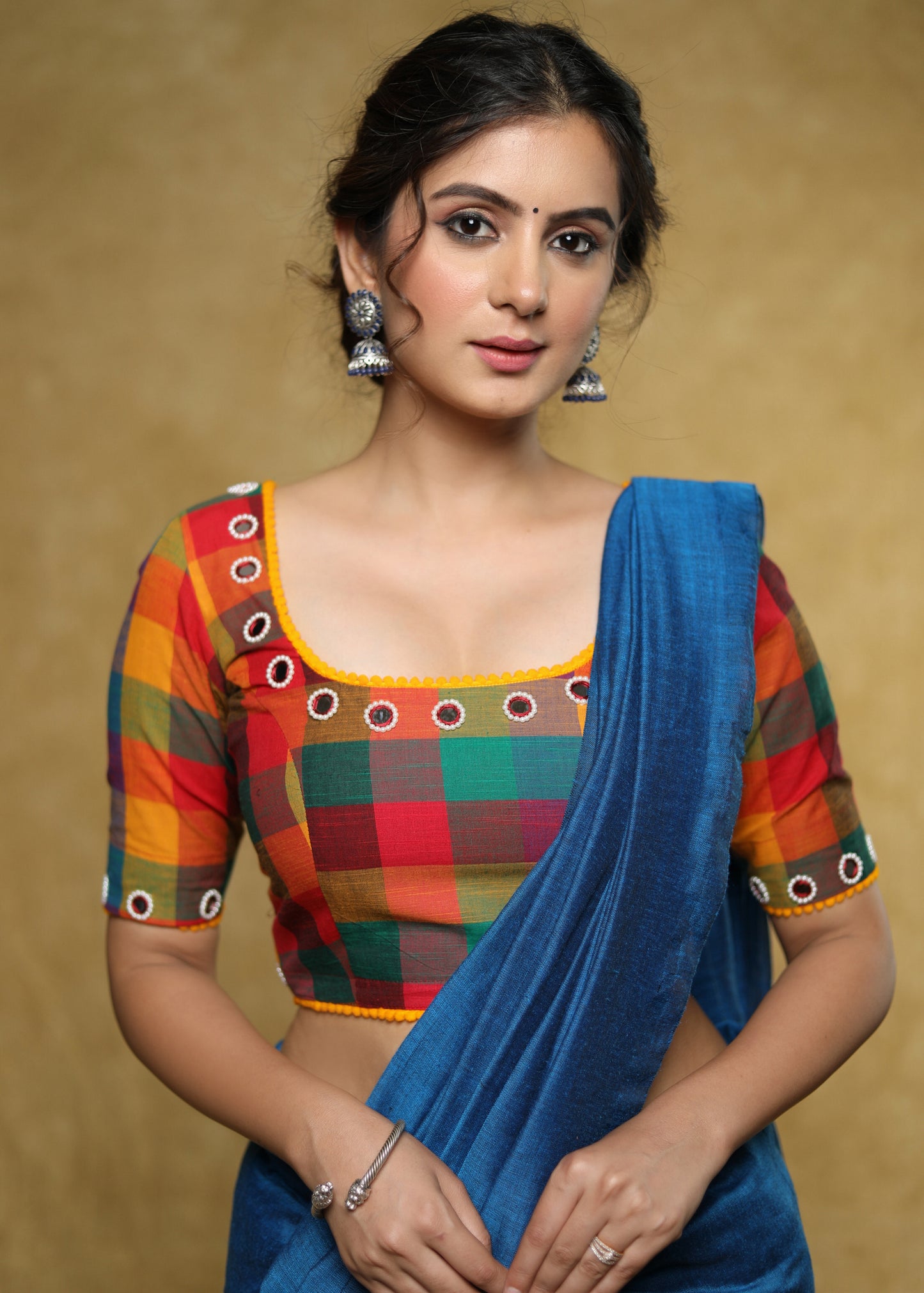 Standout checks Handloom Cotton blouse with delicate mirror work and lace detailing