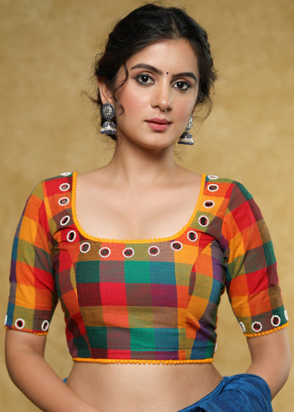 Standout checks Handloom Cotton blouse with delicate mirror work and lace detailing
