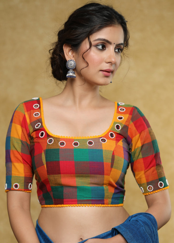 Standout checks Handloom Cotton blouse with delicate mirror work and lace detailing