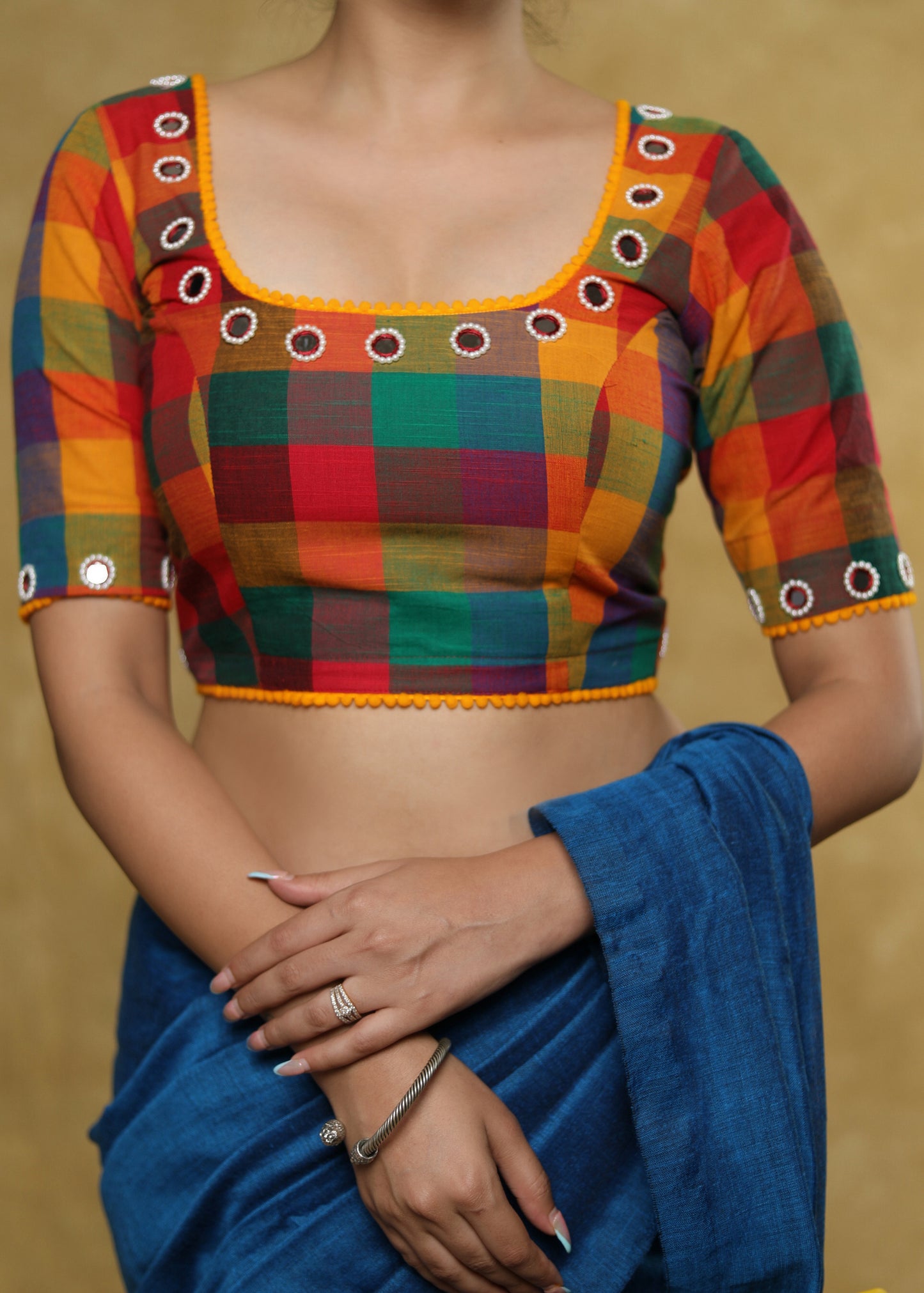 Standout checks Handloom Cotton blouse with delicate mirror work and lace detailing