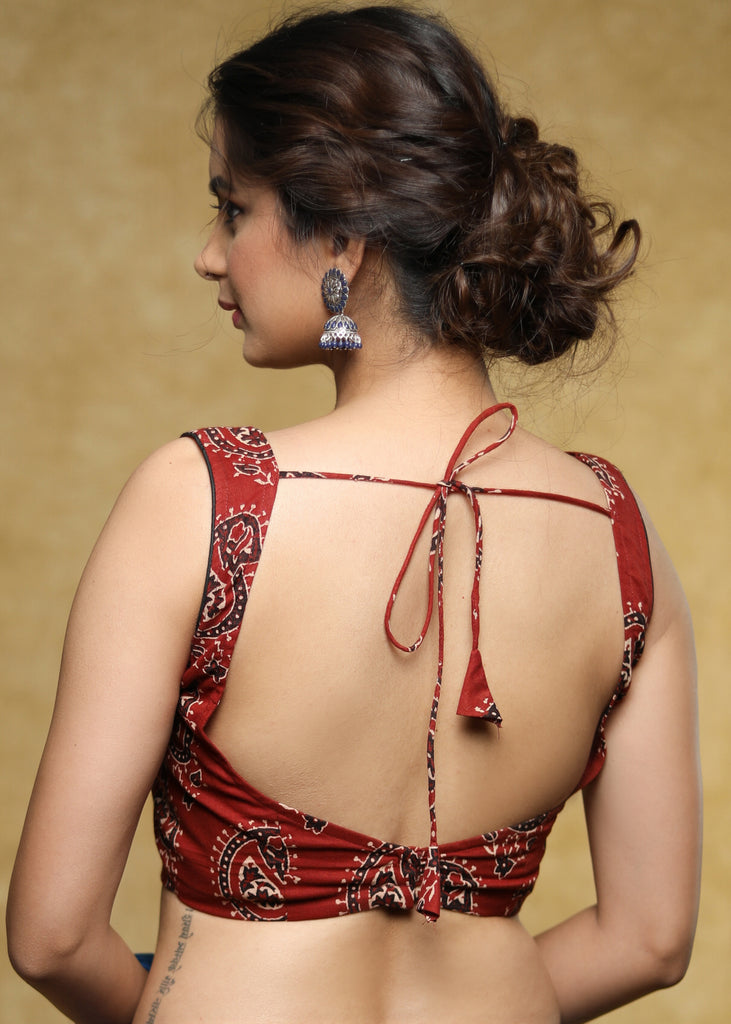 Smart maroon Ajrakh ambi print Cotton sleeveless blouse with Dori at the back