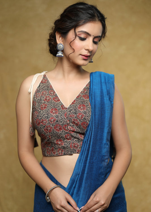 Exclusive grey Cotton floral Ajrakh sleeveless blouse with Dori