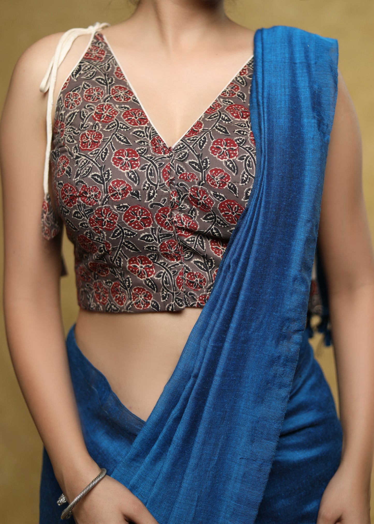Exclusive grey Cotton floral Ajrakh sleeveless blouse with Dori