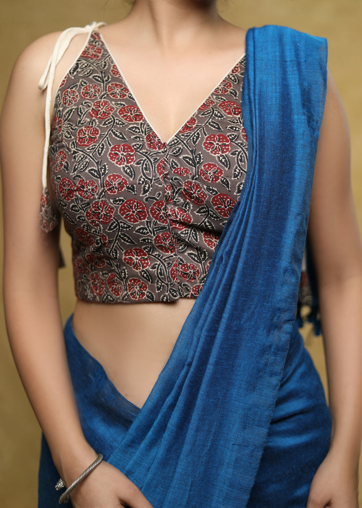 Exclusive grey Cotton floral Ajrakh sleeveless blouse with Dori