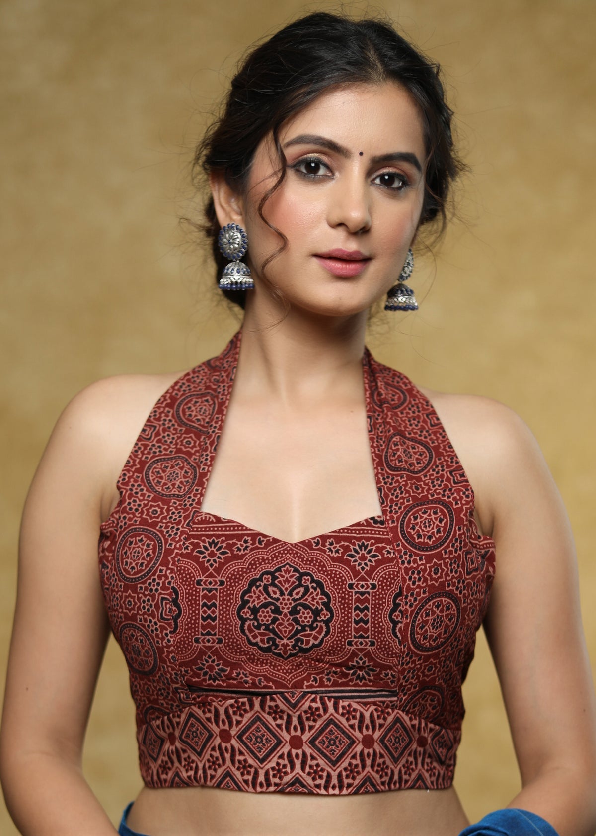 Dussehra Sale — Trendy maroon Cotton Ajrakh halter neck blouse