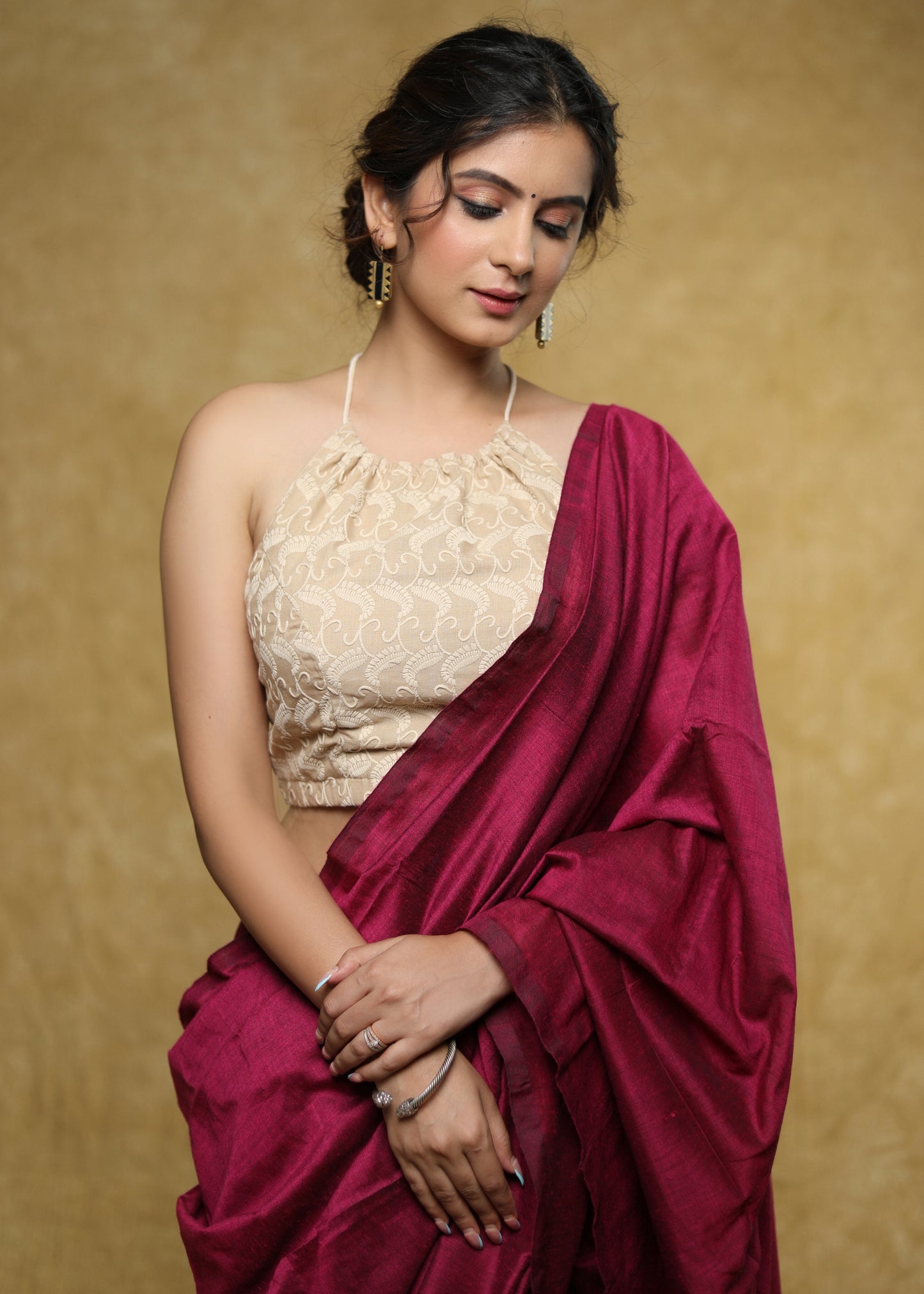 Cream cotton Hakoba halter neck blouse