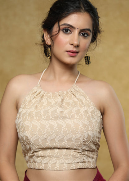 Cream cotton Hakoba halter neck blouse