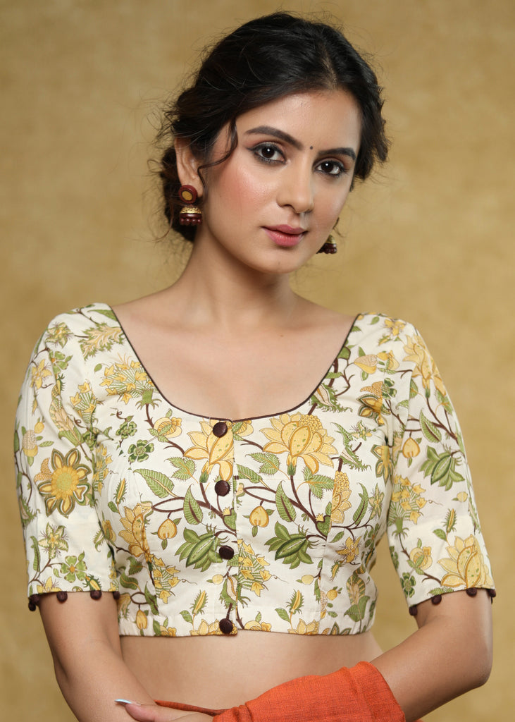 Classy cream Cotton block printed blouse with brown detailing and brown buttons