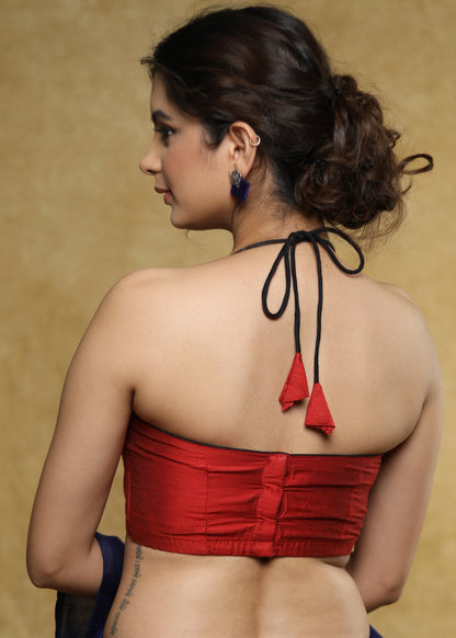 Exclusive maroon Cotton-Silk halter neck blouse with Madhubani jacket - Plain Saree Optional