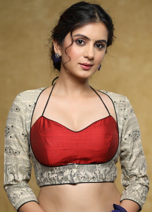 Exclusive maroon Cotton-Silk halter neck blouse with Madhubani jacket - Plain Saree Optional