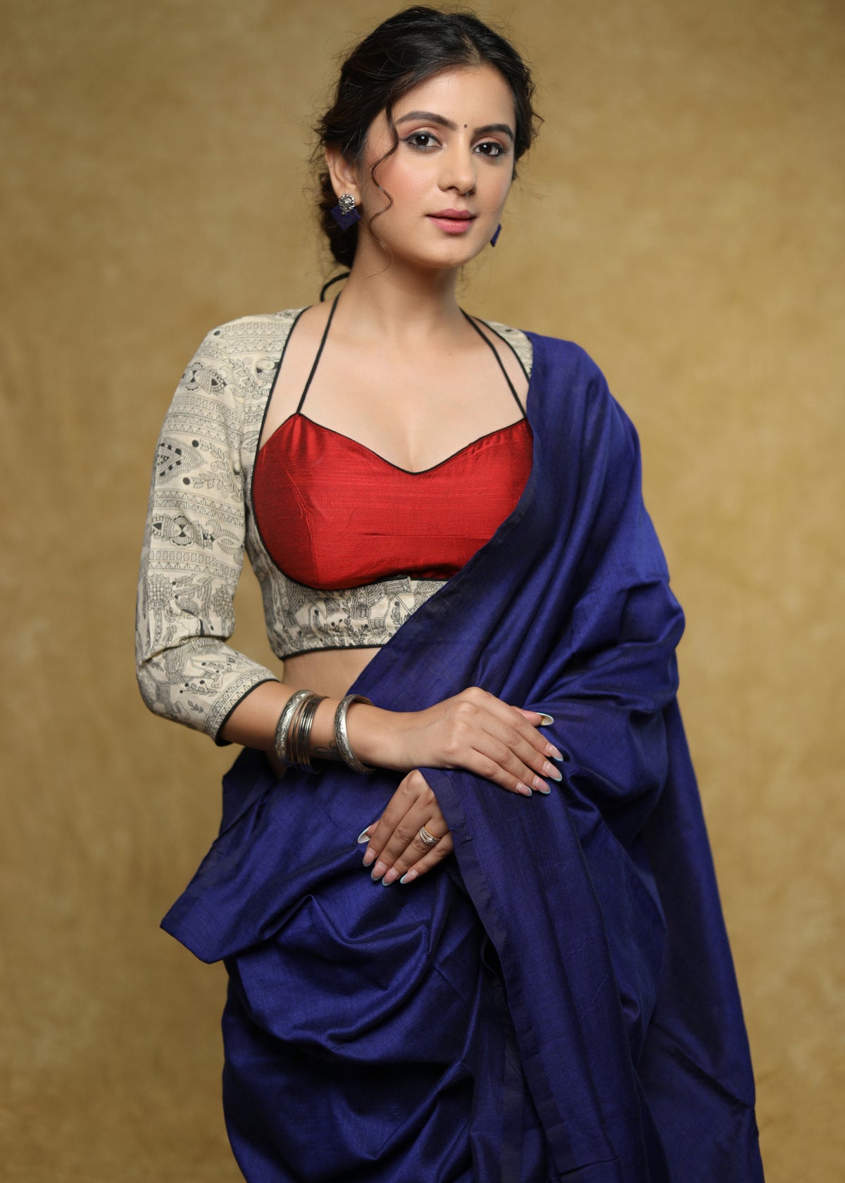 Dussehra Sale — Exclusive maroon Cotton-Silk halter neck blouse with Madhubani jacket - Plain Saree Optional