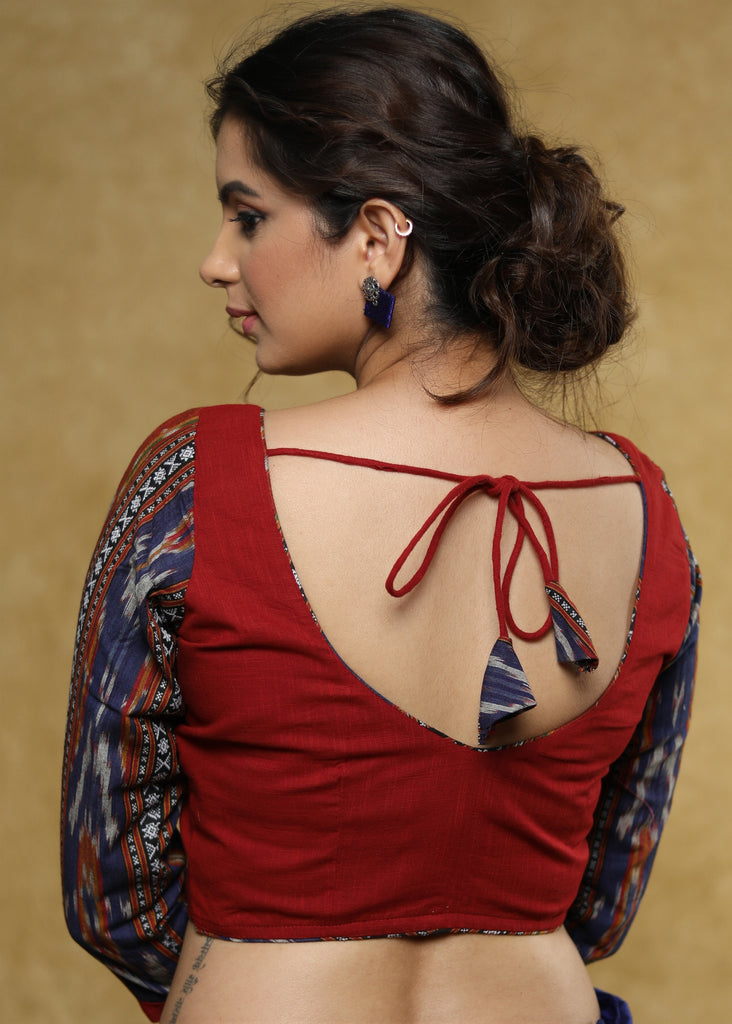 Trendy maroon Cotton blouse with blue Ikat sleeves & buttons