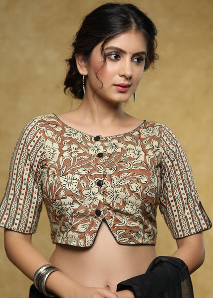 Elegant brown block print combination blouse with brown detailing