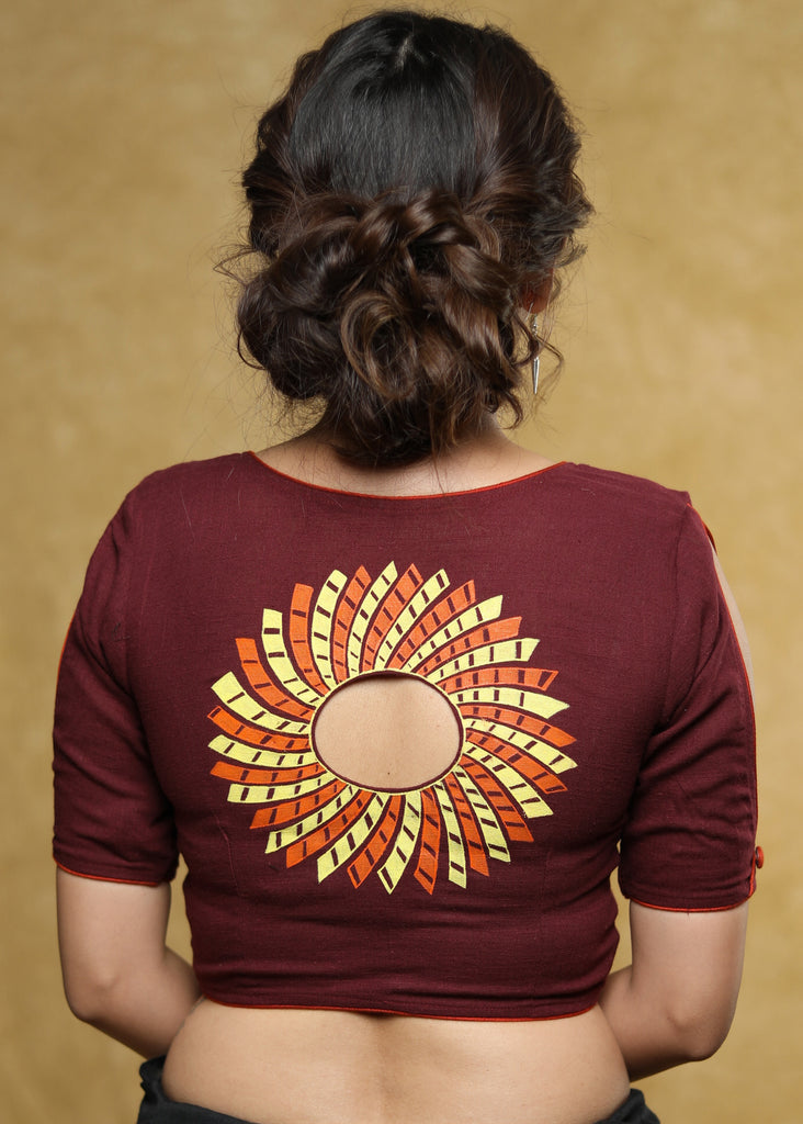 Standout wine coloured Cotton blouse with painted back & Fish eye sleeves